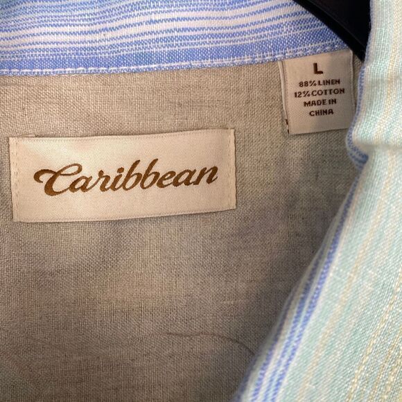 Caribbean Mens Button Down Shirt Size L Linen Cotton Blue Green Cream Stripes Lo - Picture 4 of 10